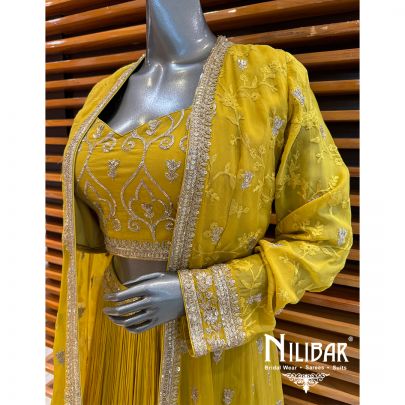 Yellow Organza Embroidered Jacket Set