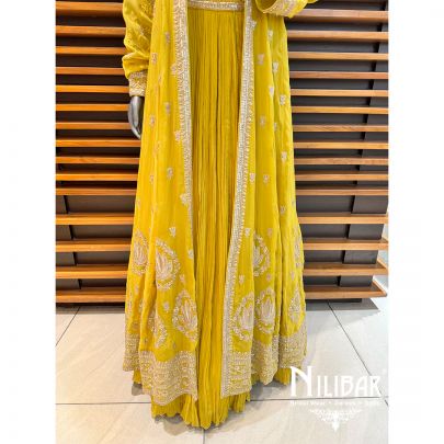 Yellow Organza Embroidered Jacket Set
