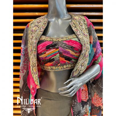 Grey Organza Embroidered Jacket Set