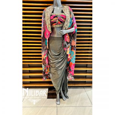 Grey Organza Embroidered Jacket Set