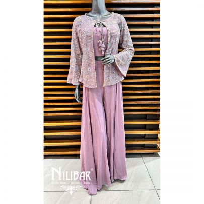 White Crepe Embroidered Jacket Set