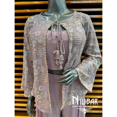 White Crepe Embroidered Jacket Set