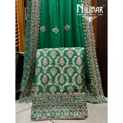 Dark Green Brocade Silk Unstitched Suit