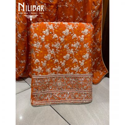 Orange Silk Sequin Unstitched Suit