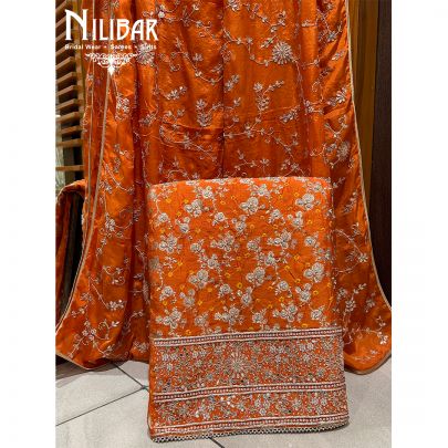 Orange Silk Sequin Unstitched Suit