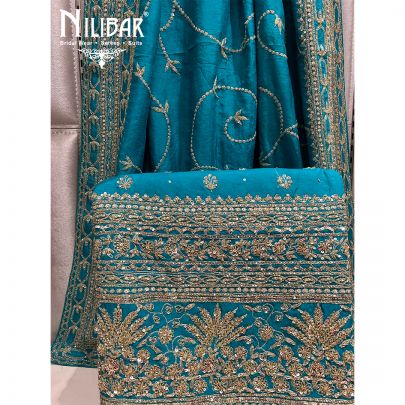 Tropical Teal Blue Silk Bridal Unstitched Suit