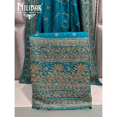 Tropical Teal Blue Silk Bridal Unstitched Suit