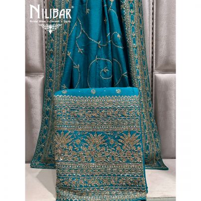 Tropical Teal Blue Silk Bridal Unstitched Suit