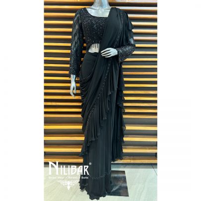 Black Georgette Embroidered Drape Saree
