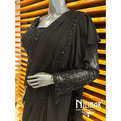 Black Georgette Embroidered Drape Saree