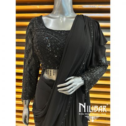 Black Georgette Embroidered Drape Saree