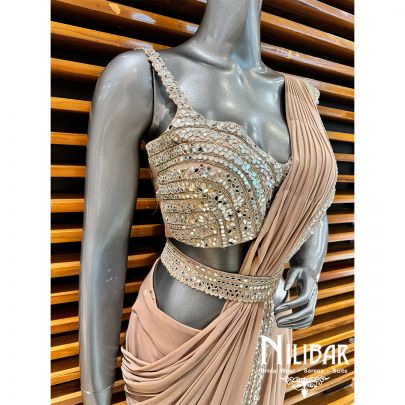 French Beige Lycra Embroidered Drape Saree