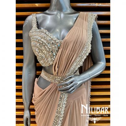 French Beige Lycra Embroidered Drape Saree