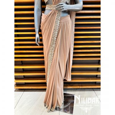 French Beige Lycra Embroidered Drape Saree