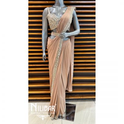 French Beige Lycra Embroidered Drape Saree