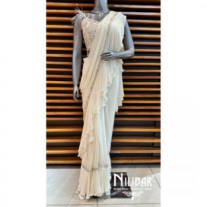 Cream Georgette Embroidered Drape Saree