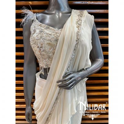 Cream Georgette Embroidered Drape Saree