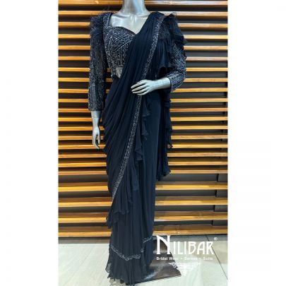 Blue Georgette Embroidered Drape Saree