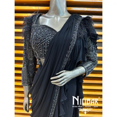 Blue Georgette Embroidered Drape Saree