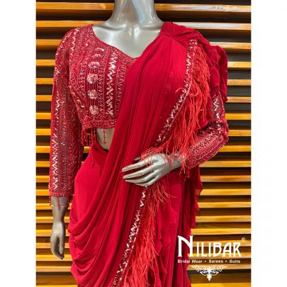 Red Georgette Embroidered Drape Saree