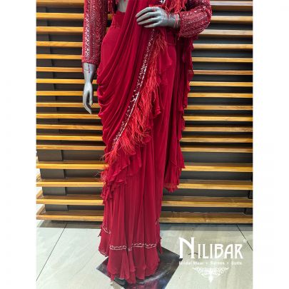 Red Georgette Embroidered Drape Saree