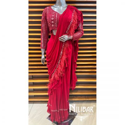 Red Georgette Embroidered Drape Saree