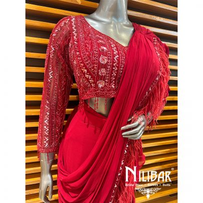 Red Georgette Embroidered Drape Saree