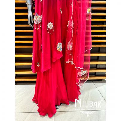 Red Chinon Sequin Palazzo Suit