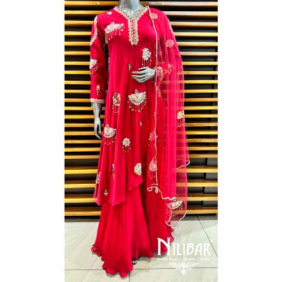 Red Chinon Sequin Palazzo Suit