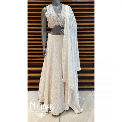 White Georgette Pearl Heavy Lehenga