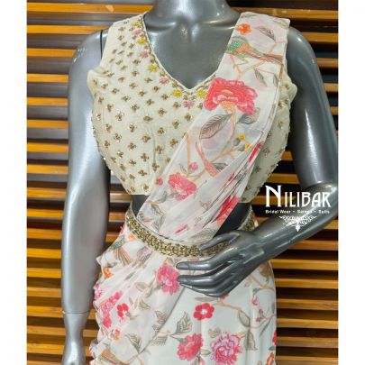 White Georgette Draped Saree