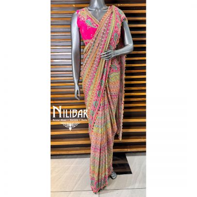 Pink Chinon Draped Saree