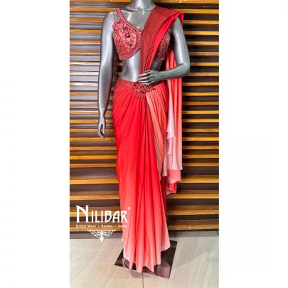 Red Satin Draped Saree