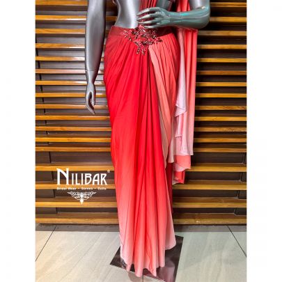 Red Satin Draped Saree