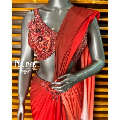 Red Satin Draped Saree