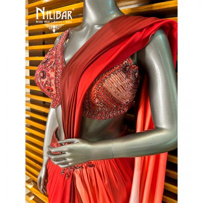 Red Satin Draped Saree