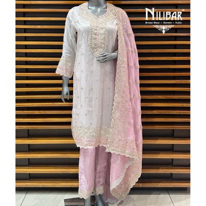 Gray & Pink Lamé Silk Pant Suit