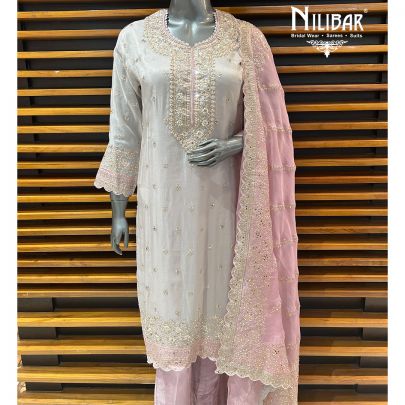 Gray & Pink Lamé Silk Pant Suit