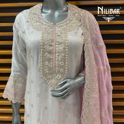 Gray & Pink Lamé Silk Pant Suit