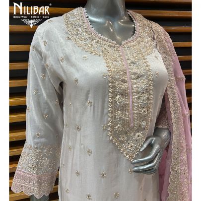 Gray & Pink Lamé Silk Pant Suit