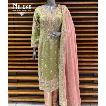 Green & Pink Silk Pant Suit