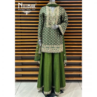 Leaf Green Silk Flared Palazzo Suit