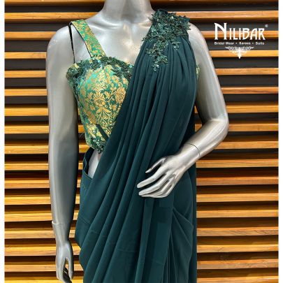 Dark Green Banarasi Silk Blouse With Georgette Drape Saree