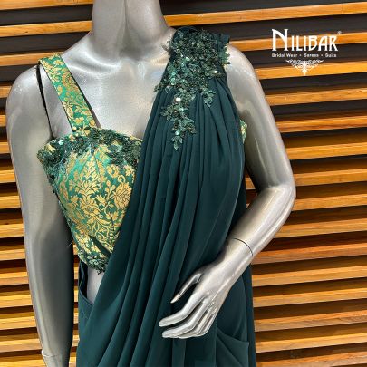 Dark Green Banarasi Silk Blouse With Georgette Drape Saree