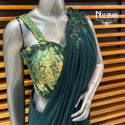 Dark Green Banarasi Silk Blouse With Georgette Drape Saree