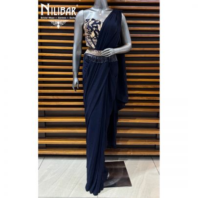 Navy Blue Georgette Corset Blouse Paired With Drape Saree