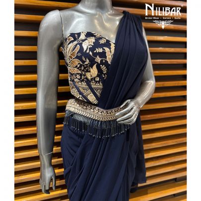 Navy Blue Georgette Corset Blouse Paired With Drape Saree
