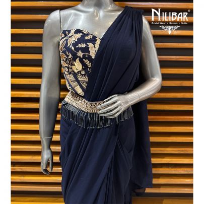 Navy Blue Georgette Corset Blouse Paired With Drape Saree