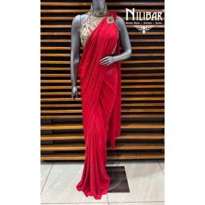 Red & Gold Heavy Net Blouse Paired With Lycra Drape Saree
