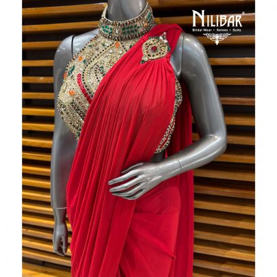 Red & Gold Heavy Net Blouse Paired With Lycra Drape Saree
